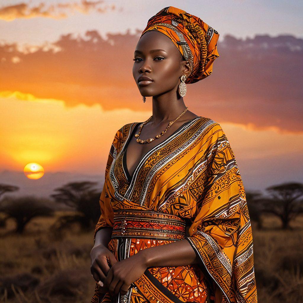 A captivating and artistic composition featuring a Kenyan landscape at sunset, showcasing an alluring model confidently posing in traditional attire that elegantly blends with the surroundings. Incorporate elements of erotic photography subtly, with soft lighting and sophisticated angles emphasizing beauty and allure. The image should evoke a sense of intimacy and artistry, celebrating both the culture and sensuality of Kenyan visuals. super-realistic. warm tones. atmospheric.